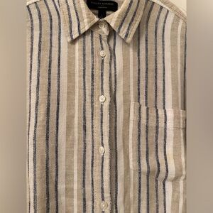 BANANA REPUBLIC Perfect Linen Striped Shirt | Blue Tan White | L
